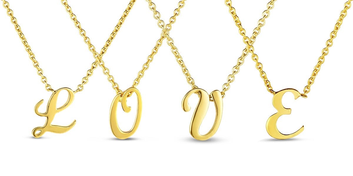 Roberto Coin yellow gold letter necklaces spelling love
