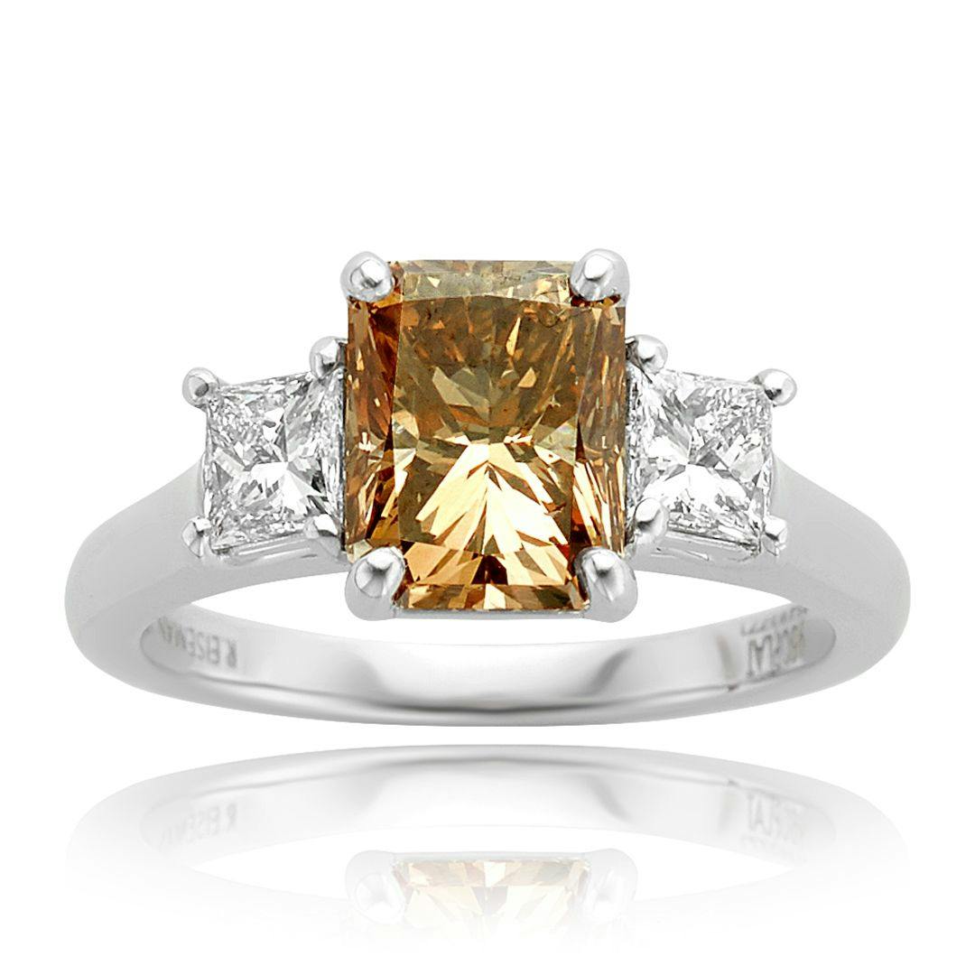 Platinum Three Stone Radiant Cut Brown Diamond Engagement Ring
