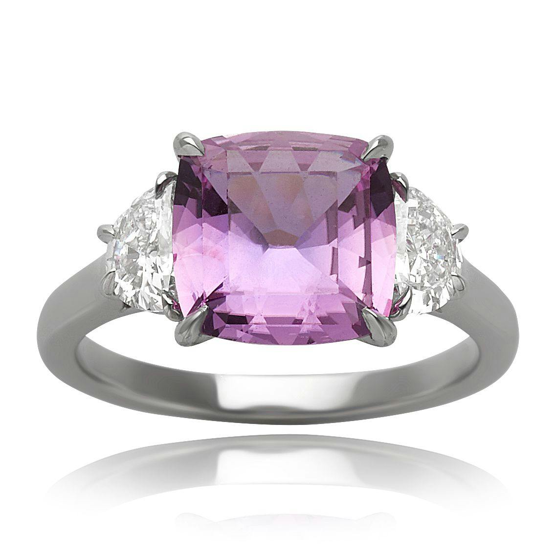Platinum No Heat Pink Sapphire & Diamond 3-Stone Ring