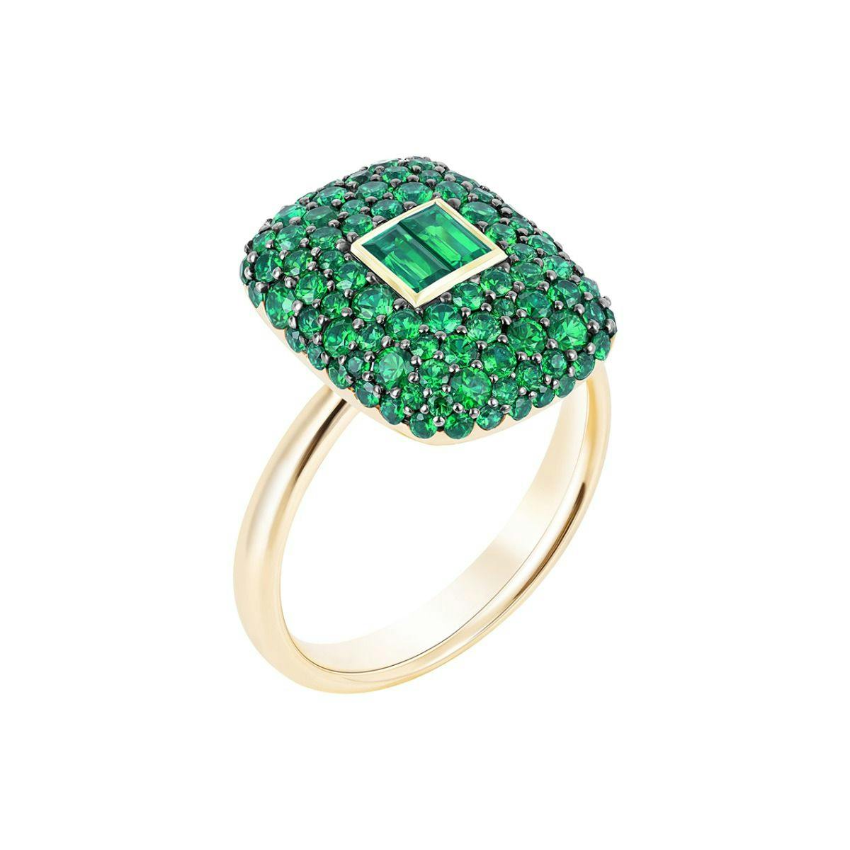 18k Yellow Gold Rectangular Cushion Pave Emerald Ring