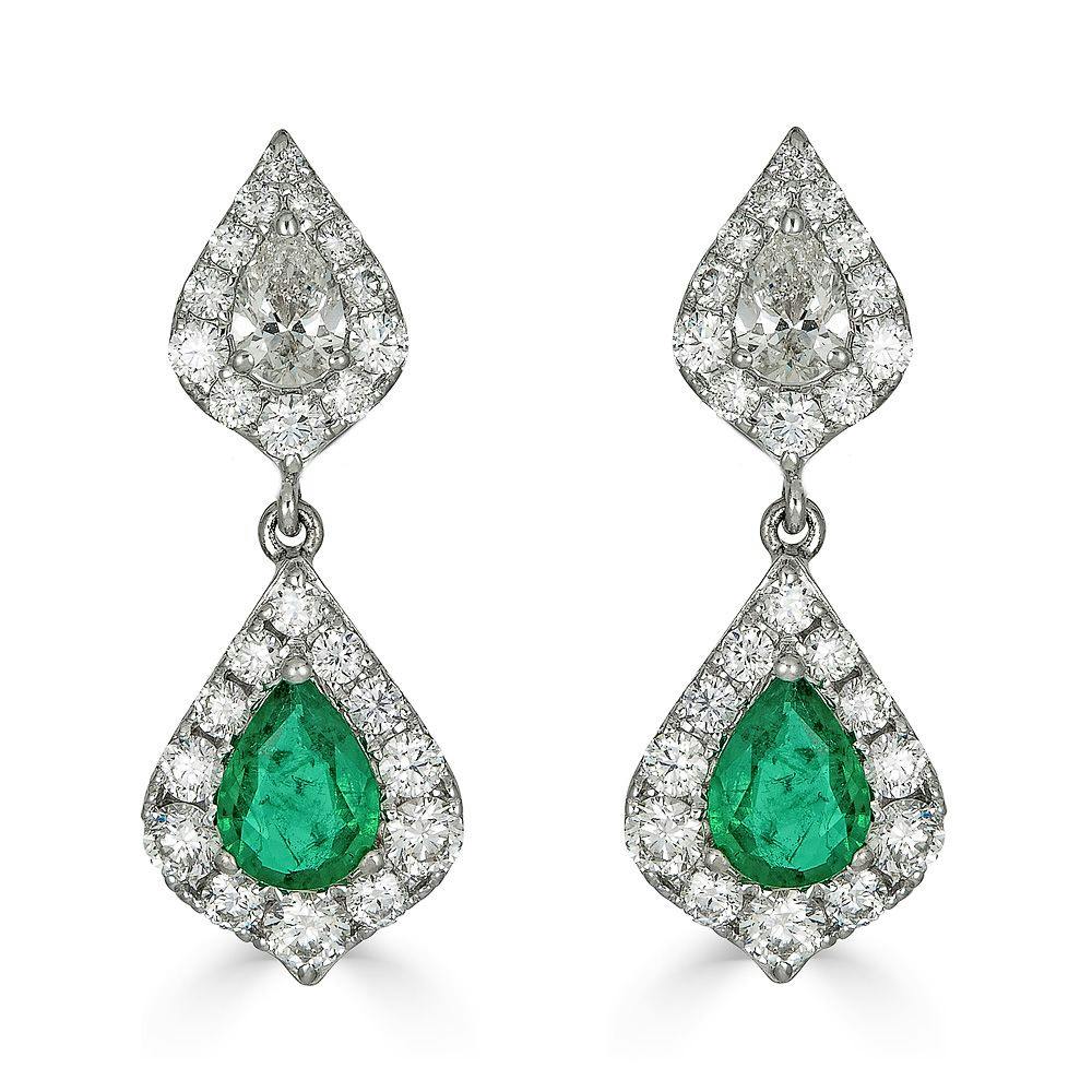 Piranesi 18k White Gold Pear Shape Emerald & Diamond Drop Earrings