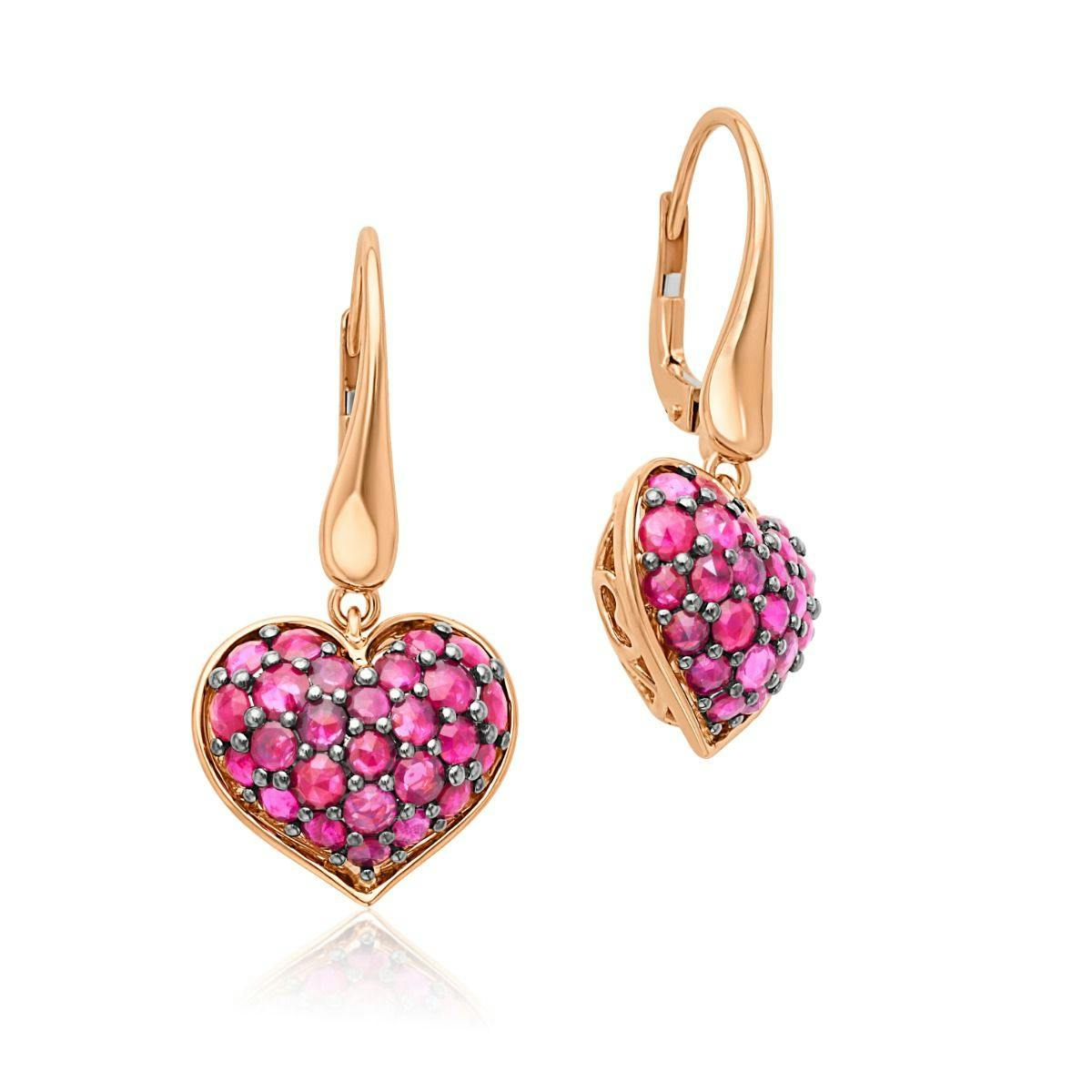 18k Rose Gold Ruby Puff Heart Drop Earrings