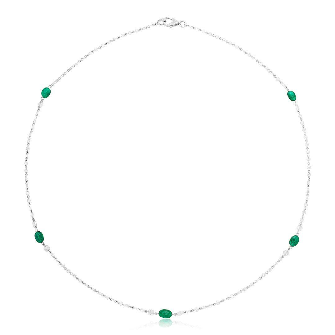 18k White Gold Emerald Bead & Diamond Necklace