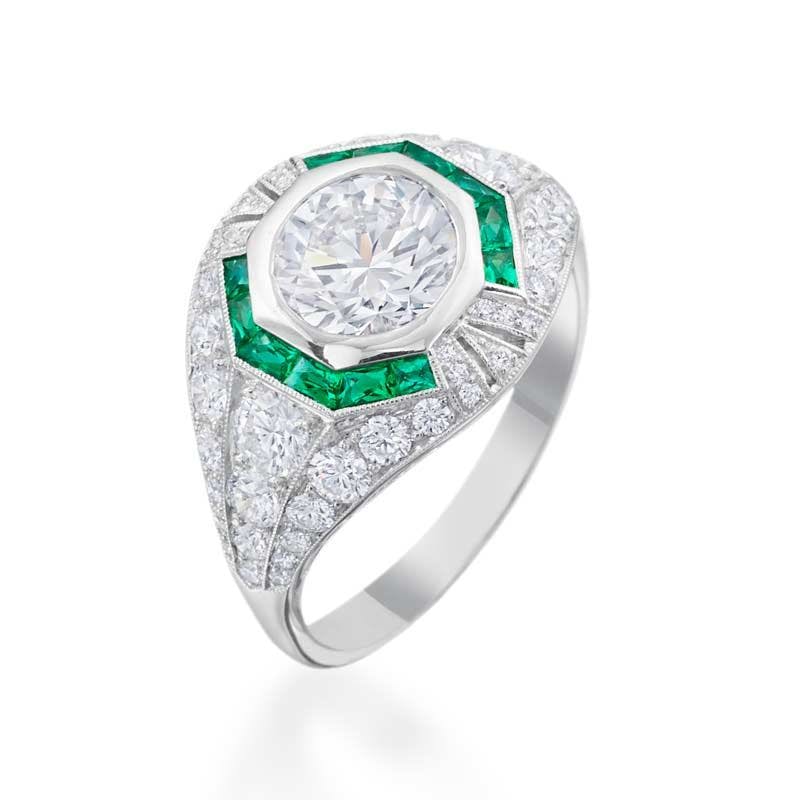 Platinum Calibre Emerald and Diamond Art Deco Replica Ring