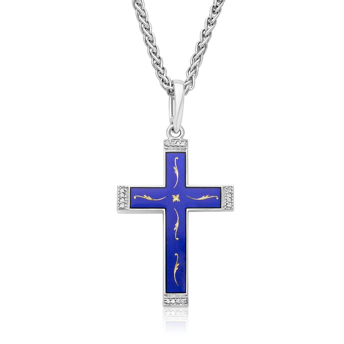 18k White Gold Blue Enamel & Diamond Cross Pendant
