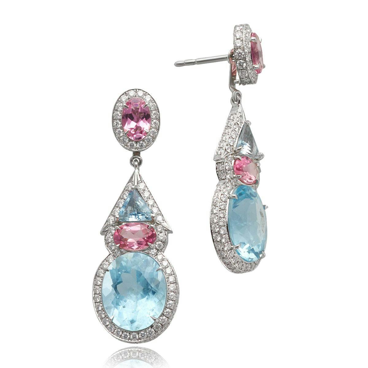 Platinum Aquamarine & Pink Tourmaline Removable Drop Earrings