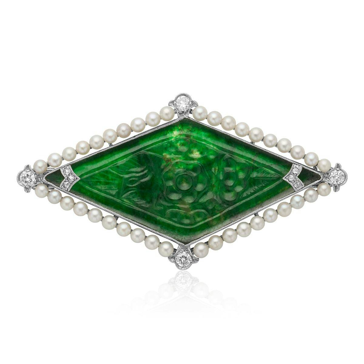 Art Deco Style Platinum Jade, Pearl, & Diamond Pin