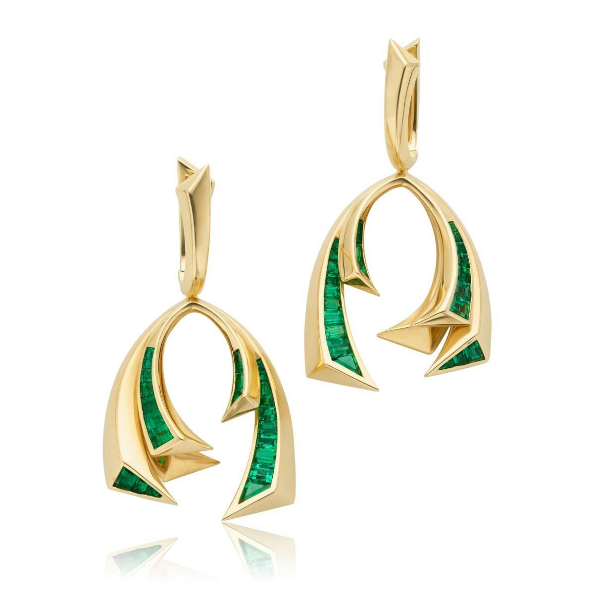 18k Yellow Gold Emerald Wishbone Shaped Drop Earrings