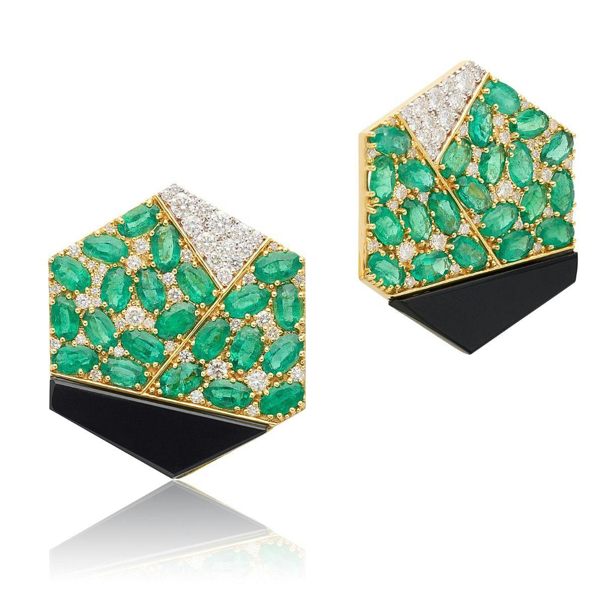 18k Yellow Gold Pave Emerald Hexagon Shape Stud Earrings