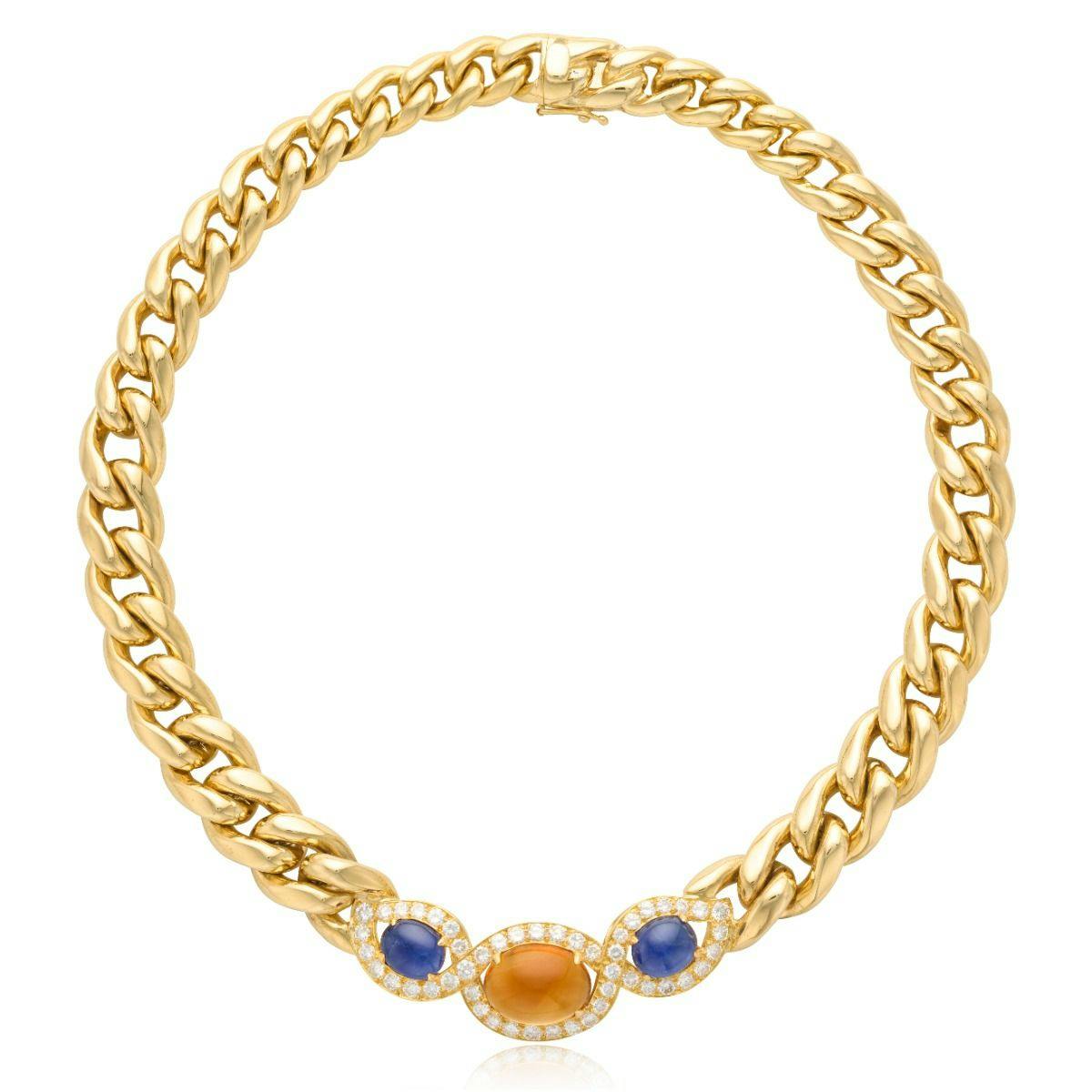 1980's 18k Yellow Gold Citrine & Blue Sapphire Curb Chain Necklace